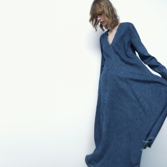 NWT Zara blue medium wash denim long dress, S - Picture 3 of 16